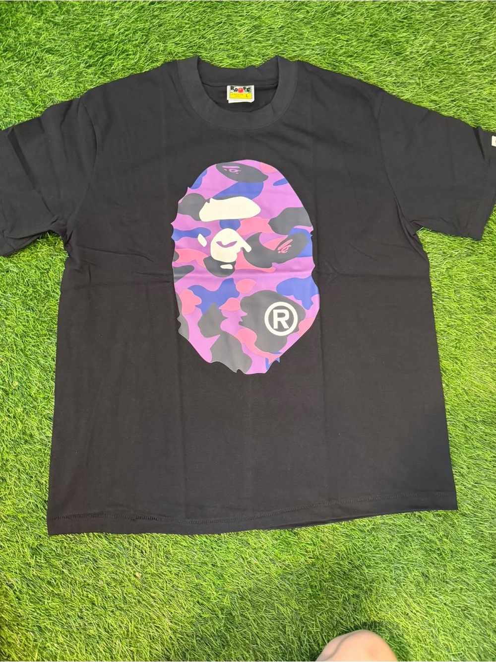 Black Short-Sleeve Graphic Tee with Pink & Purple Camo Ape Motif